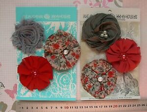 RED & GREY Mix Fabric Organza - 3 Flowers 60-70mm Across - 2 Pack Choice MHCf