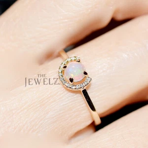 14K Gold  VS/F-G Diamond And Opal Gemstone Half Circle Design Ring - The Jewelz - Picture 1 of 6