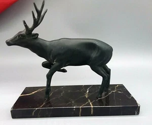 Art Deco French Spelter Stag Figurine Deer Sculpture Marble Base Collectible - Picture 1 of 6