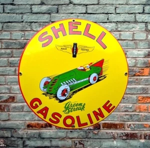 Plaque émaillée SHELL green streak gasoline race enamel sign Huile Autombile - Afbeelding 1 van 4