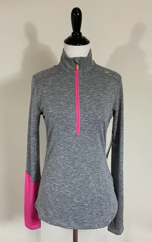 Pullover Asics S Gris Jaspeado Rosa 1/2 Cremallera Pulgares Térmico LT Nuevo Foto 1 de 4