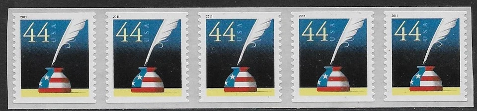 US Scott 4496, 2011, 44 Cent Quill & Inkwell, Horiz. Coil Strip of 5, MNH, F/VF - Image 1 of 1
