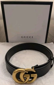 Cinturón Gucci Dorado GG Marmont Cuero Negro Talla 80cm-32in con Caja Necesita Hebilla Pin - Imagen 1 de 9