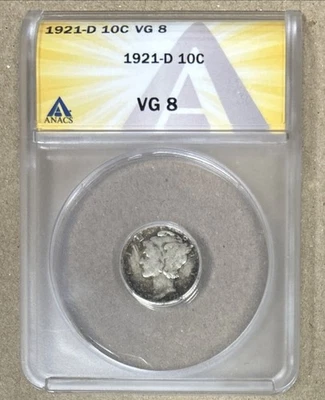 1921 D 10C Mercury Dime ANACS VG8 - Image 1 of 4