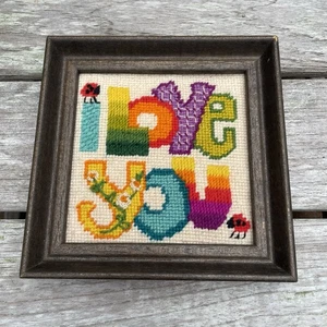 Needlepoint Art Small Framed 6" Square LOVE Pop Ladybug Bugs Wallhanging Daisy - Picture 1 of 7