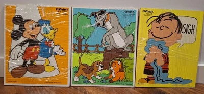 Lote De 3 Rompecabezas Bandeja Madera Vintage Playskool Disney Mickey & Peanuts Linus Foto 1 de 4