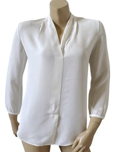 THEORY Womens Size P Off White 100% Silk 3/4 Sleeve Pleated V Neck Shirt Top - Picture 1 of 8