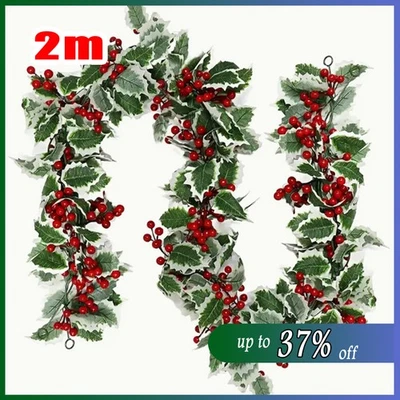2M Holly Leaves Decor Christmas Garland Fake Red Berries Artificial Greenery Hot