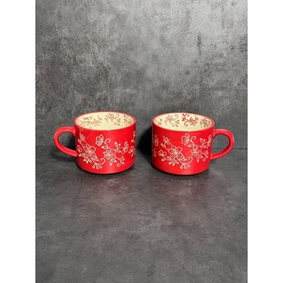 2 tazas de sopa/tazas de café Temptations By Tara floral de encaje rojo 14 oz Foto 1 de 4