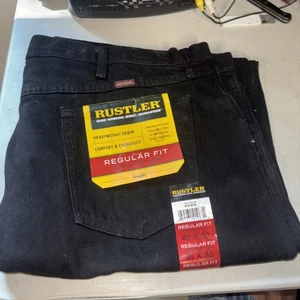 Neu mit Etikett!! Rustler 46x30 Regular Fit Straight Leg Heavyweight Denim Jeans ~ SCHWARZ - Bild 1 von 4
