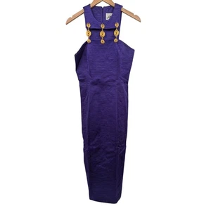 Vtg 80s Dress Size 8 Linda Segal Purple & Gold Sleeveless Jewel Tone Glam Pencil - Picture 1 of 5