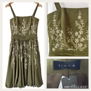 BNWT LINEA 100% Silk Dress Size 6 8 Khaki Green Balloon Hem Faircore Whimsical - Picture 1 of 13