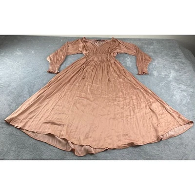 ZARA Satin Long Sleeve Midi Dress Rose Gold Elastic Waist Tie Neck - Image 1 of 4