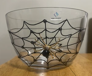 New Leader Halloween Jeweled Black Pearl Gold Spider On Web Glass Bowl NEW - Picture 1 of 7