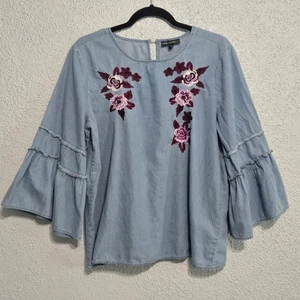 Womens Floral Embroidered Chambray Bell Sleeve Peasant Top Size L Cottagecore - Bild 1 von 6