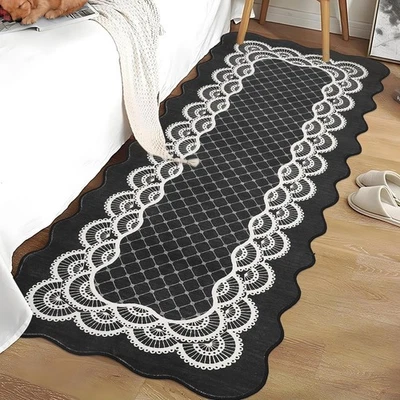 Hallway Black Rug 2x6 Washable Scalloped Runner Rugs for Kitchen Bathroom Non... - Image 1 of 4