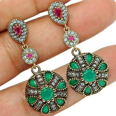 Pendientes de plata de ley 925 con esmeralda tratada estilo Imperio Otomano de 10 quilates S3-6 Foto 1 de 2