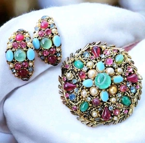 Juego de broches y pendientes estilo mogol cabujón multicolor HOLLYCRAFT firmados de colección - Imagen 1 de 17
