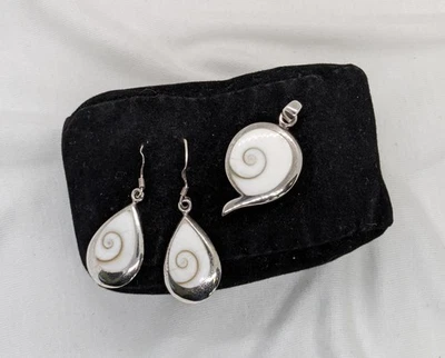 Vtg Sterling Silver 925 Shiva Eye Set Pierced Earrings Pendant Shell Jewelry Lot - Image 1 of 4