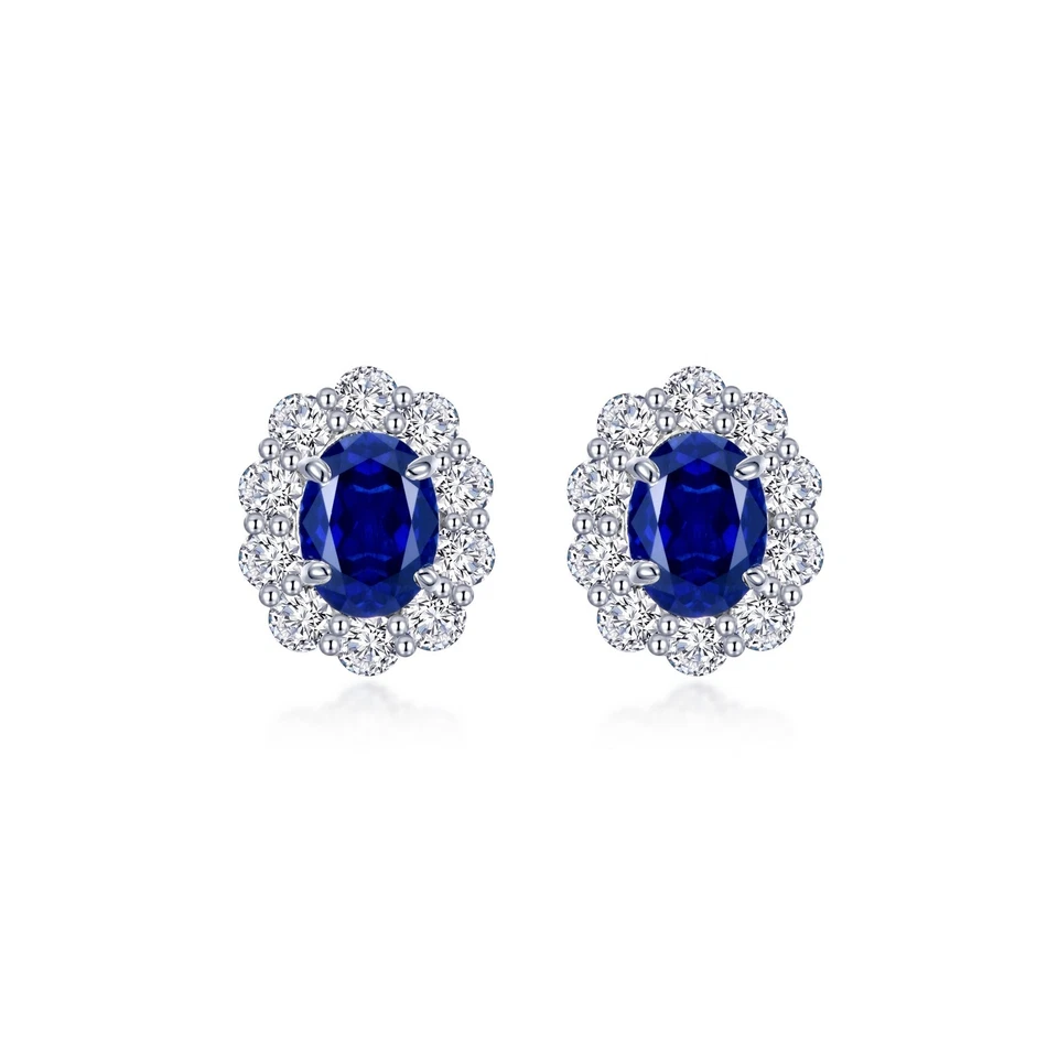 *BRAND NEW* Sterling Silver Platinum-Bonded Fancy Sapphire Halo Stud Earrings - Imagem 1 de 1