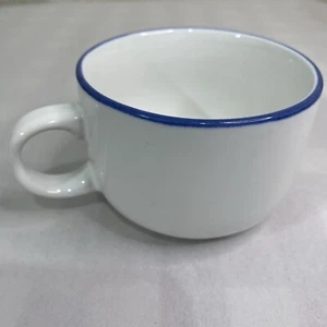 Signature Stoneware Japan White Coffee Cup with Blue Rim 10.5 oz Tea Mug - Picture 1 of 16
