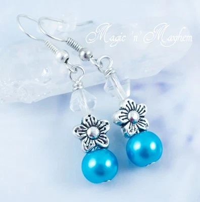 Spring Breeze Flower Earrings - Handmade Jewelry - Clear & Blue Glass Beads - Image 1 of 2