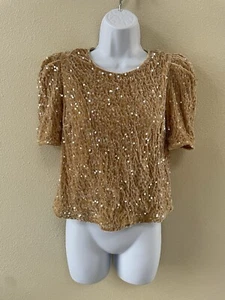 Dazy S Gold Beige Sequin Blouse Top Short Sleeves Women NWT - Picture 1 of 7