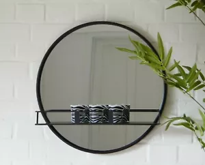 Black Mirror Metal Framed Glass Display Shelf Round Wall Unit Bathroom Bedroom - Picture 1 of 2