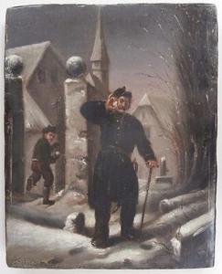 19th C. Artist Winter Genre Scene Boy Snowballing c. 1870 Antique Oil Painting - Picture 1 of 9