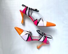 Manolo Blahnik Geometric Orange Pink Purple Black and Cream Strappy Heels Size37
