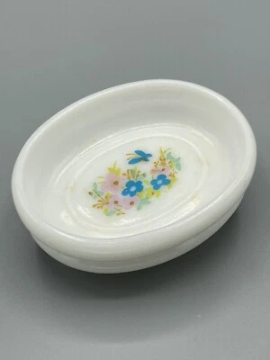 Vintage Avon Pedestal Milk Glass Soap Dish Butterflies And Florals 4.5” X 3.75” - Image 1 of 4