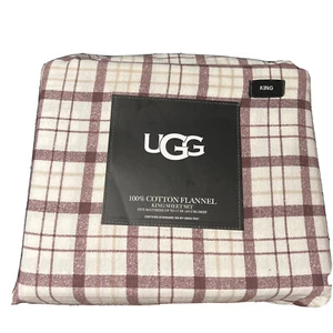 Ugg King Sheet Set Of 4 Cotton Flannel 108”X102” Lodge Plaid (Brown)Oeko-Tex NEW - Picture 1 of 6