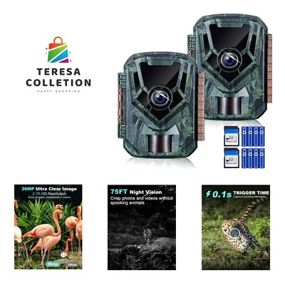 2 Pack Trail Cameras 36MP 2.7K, 32G SD Card and 8AA Batteries, Game Camera wi... - Image 1 of 4