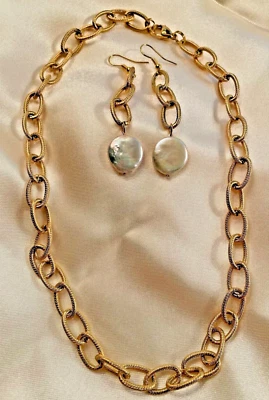 Collar de eslabones moneda agua dulce perlas pendientes oro acero inoxidable conjunto personalizado NUEVO Foto 1 de 4