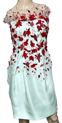 Vestido de cóctel Monique Lhuillier con apliques florales bordado azul rojo XS US 0 2 Foto 1 de 4