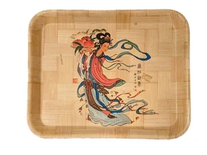 Vintage Handpainted Asian Geisha Goddess Tray 11.5x14.5 Woven Bamboo - Picture 1 of 3
