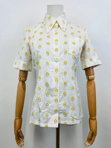 Vintage 70s Japanese White Yellow Geometric Print Dagger Collar Uniform Shirt 8 - Picture 1 of 7