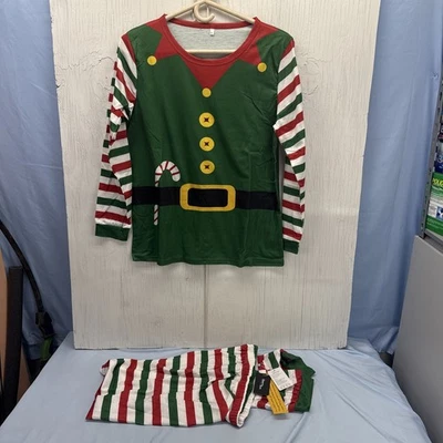 圣诞睡衣女式中号红色绿色精灵两件套睡衣套装 — 第 1/4 张图片