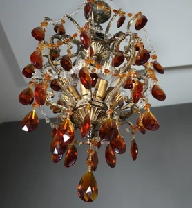 Antiguo accesorio de araña barroco de 8 luces de latón ornamentado - cristales de gota ámbar - Imagen 1 de 13