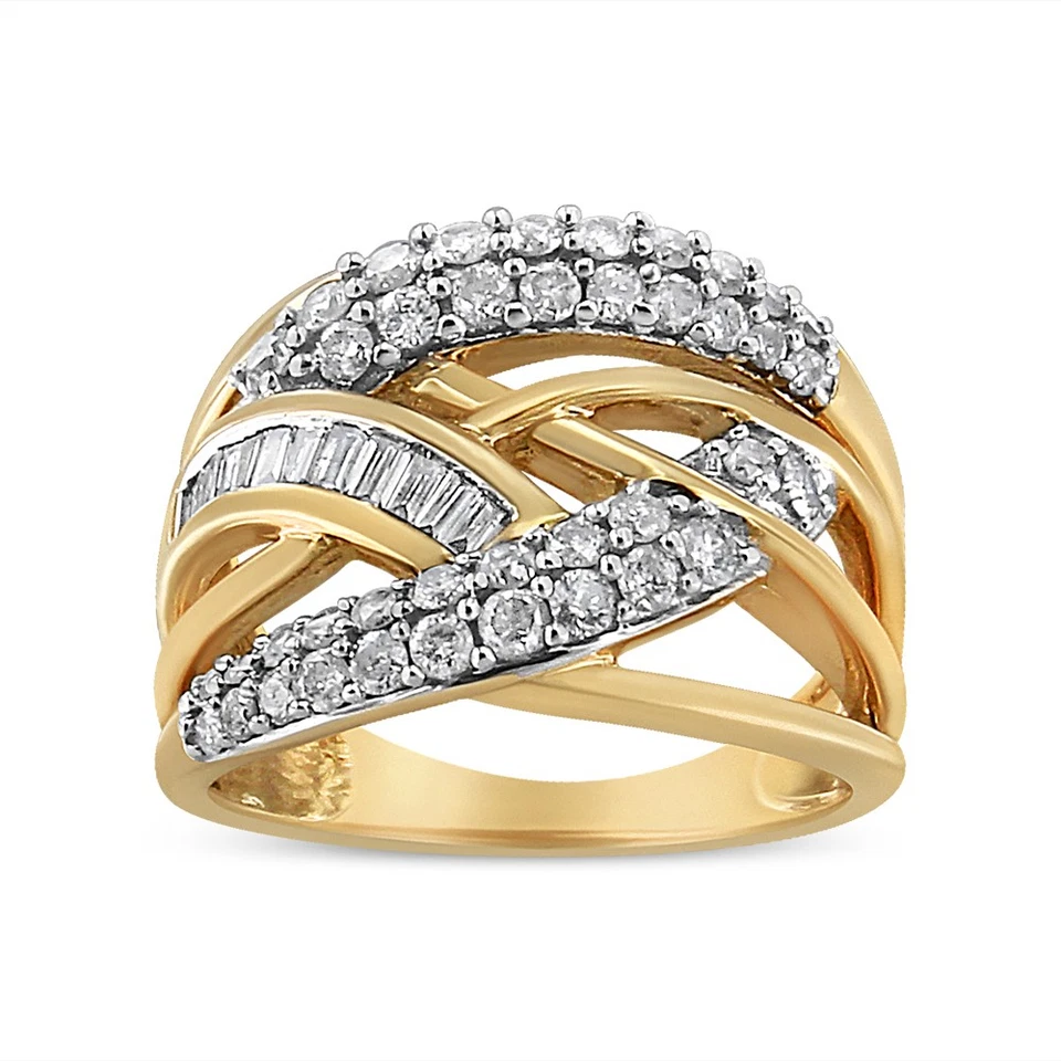 10K Yellow and White Gold 1.0 Cttw Round and Baguette-Cut Diamond Cocktail Ring - Image 1 of 1