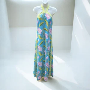 Gretchen Scott Neckholder Maxikleid Blumenmuster ärmellos limettengrün blau Gr. S - Bild 1 von 6