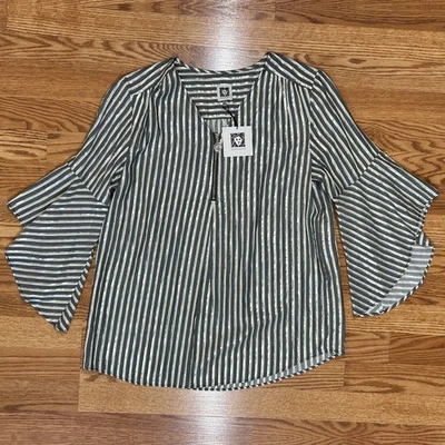 全新带标签 Anne Klein 女式 M 黑色金色金属条纹衬衫假日派对 — 第 1/4 张图片