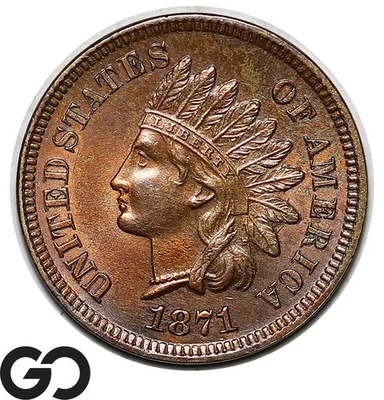 1871 Indian Head Cent Penny, Red Brown, Gorgeous Superb Gem BU++ Key Date - Image 1 of 3