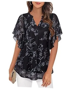 Women's Short Sleeve V Neck Blouses Shirts Floral Double Layers Mesh Tunics - Picture 1 of 5