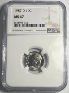 1987-D ROOSEVELT DIME GRADED NGC MS67 - Picture 1 of 2