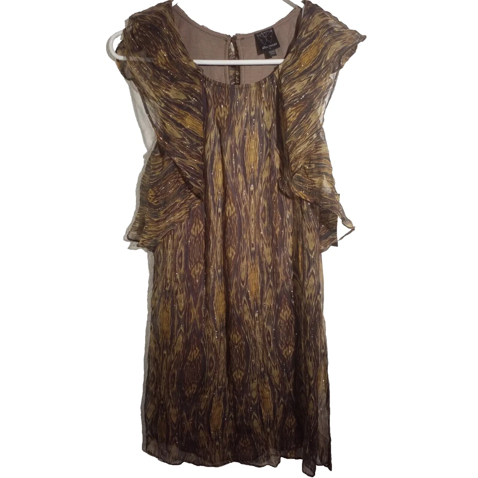 Vestido Ella Moss Seda Metálico Manga Acampanada Pequeño Dorado Estampado Ikat Nuevo con Etiquetas Foto 1 de 4