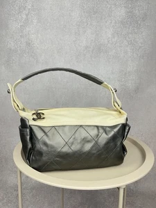 Chanel Paris-Biarritz Vintage Shoulder Bag Black Leather & Beige Canvas - Picture 1 of 20