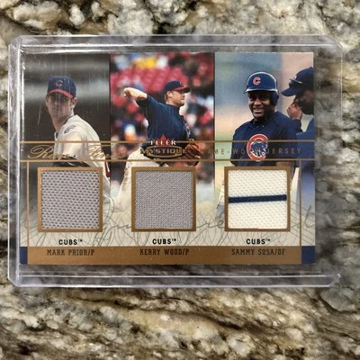 Camiseta deportiva Fleer Mystique Kerry Wood Mark Prior Sammy Sosa 2003 usada en juegos #/50 rara Foto 1 de 2