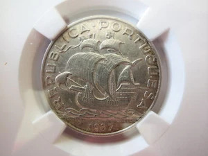PORTUGAL 10 Escudos 1937 NGC AU 58 SCARCE About UNC Sailing Ship Silver KEY DATE - Picture 1 of 8