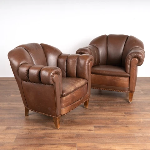 Pair, Vintage Brown Leather Club Arm Chairs Cover